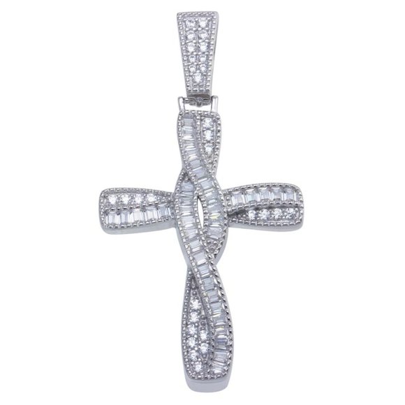 Rhodium Plated 925 Sterling Silver Twisted Cross Baguette CZ Hip Hop Pendant